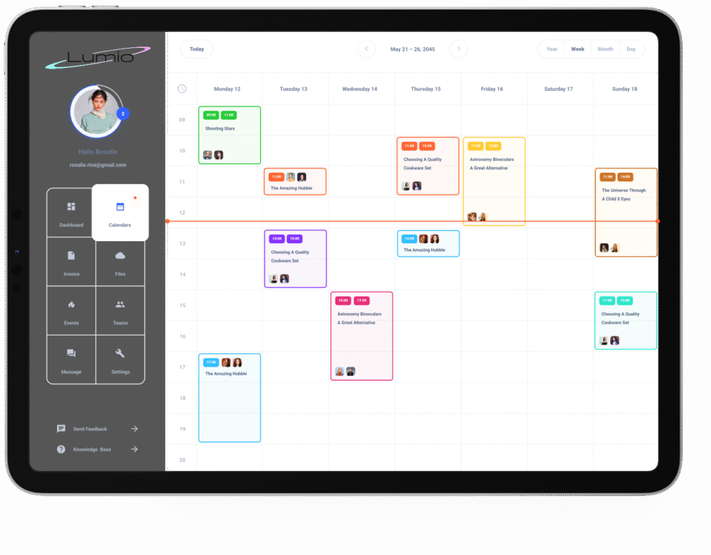Dashboard view of salon booking software showing weekly appointment schedule and color-coded events.