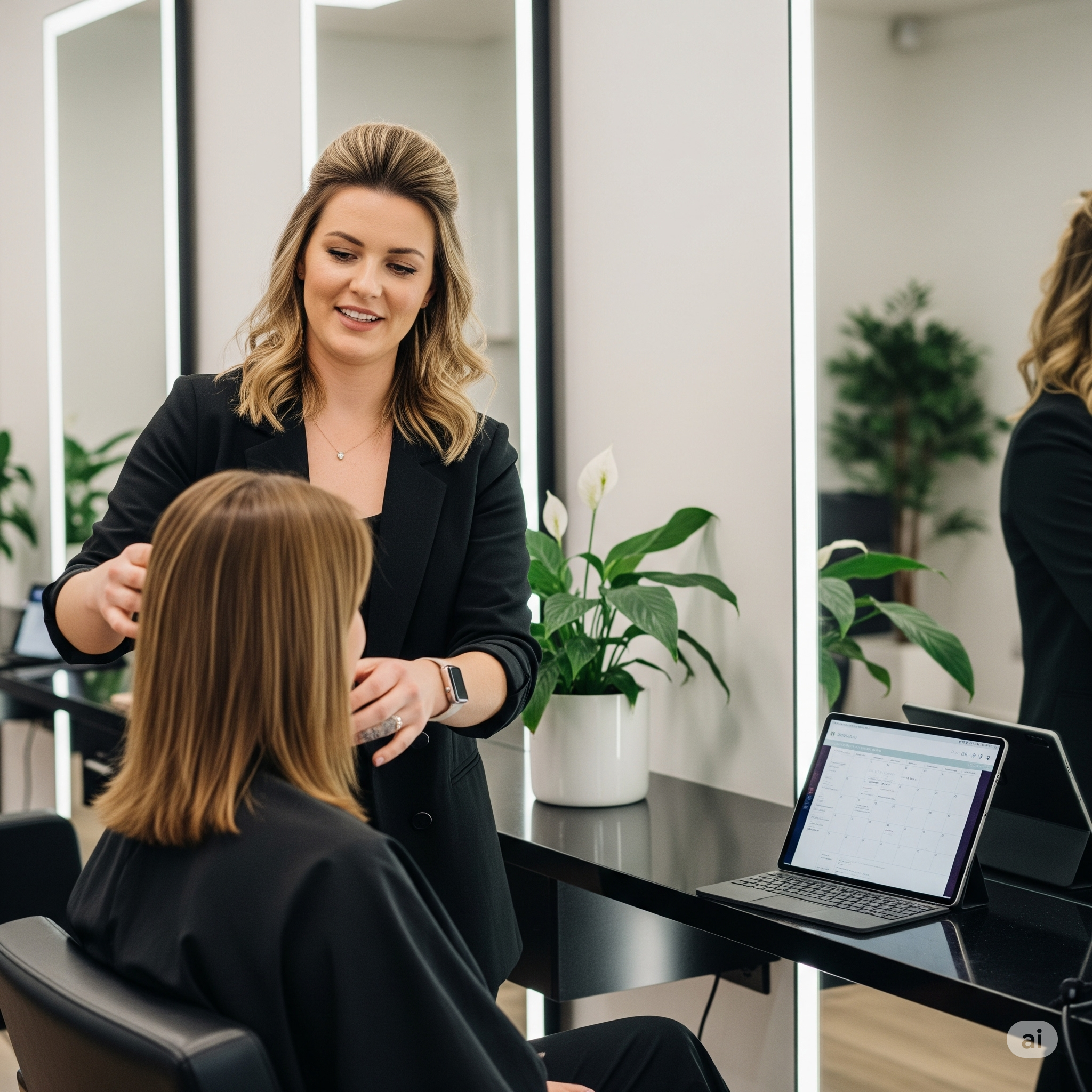 Hair salon booking software in use, with a stylist consulting a client before appointment.

