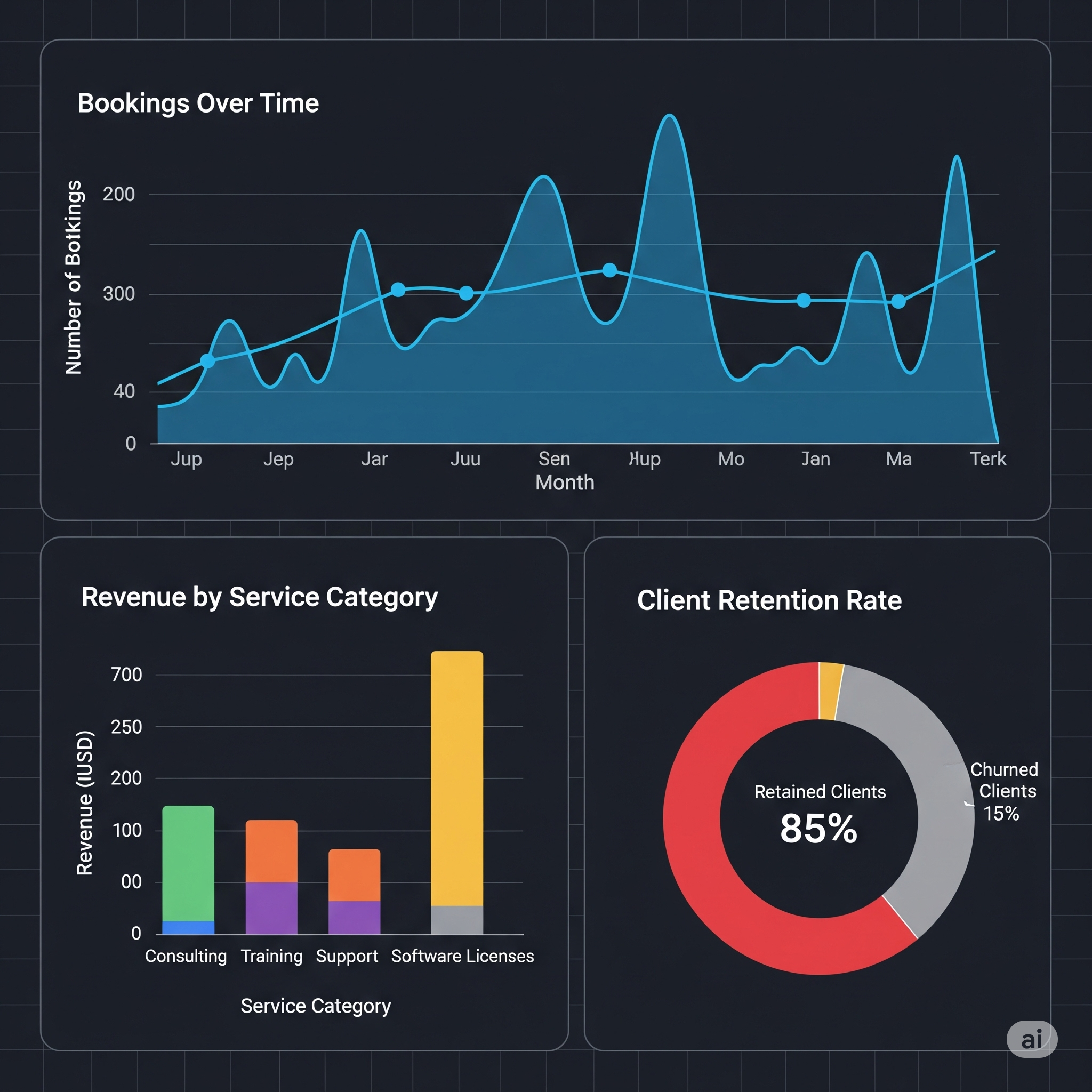 Analytics dashboard of salon booking software showing bookings over time, revenue by service category, and client retention rate.

